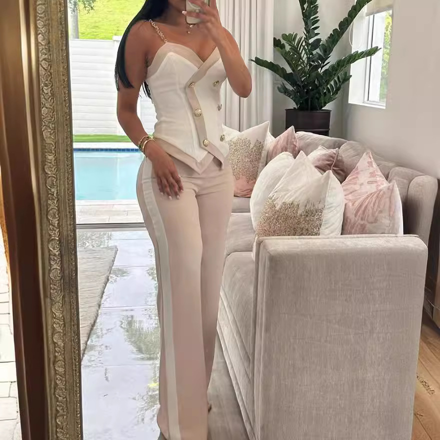 Lace Trim Cami - Kadın Yan Çizgili İş Elbisesi Seti