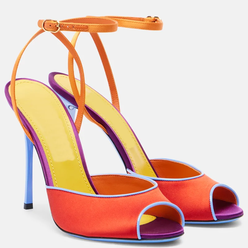 Women Fashion Nova - Saten Karışık Renkler Peep Toe Sandalet