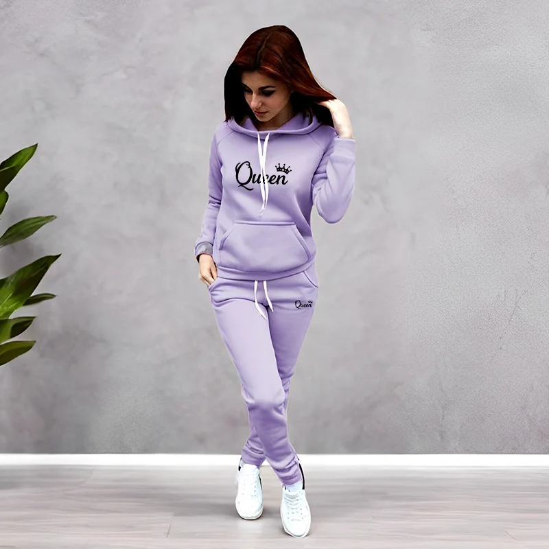 Women'S Fashion Suit - Kadın Eşofman Takımı Kraliçe Harfli Baskılı