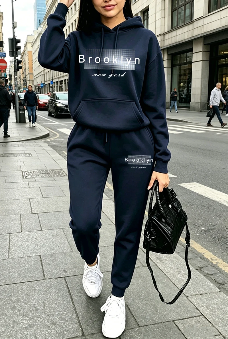 Women'S Fashion Sweatshirts - Kadın Eşofman Takımı Baskılı Günlük Kapüşonlu