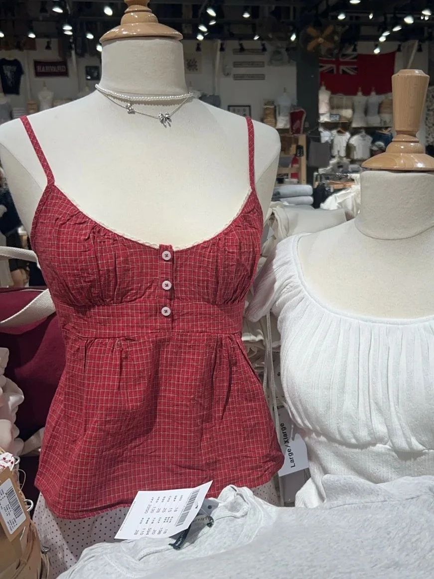 Kırmızı Ekose Düğmeler Tankı Ş - Lace Trim Cami incelemesi ve fiyatı